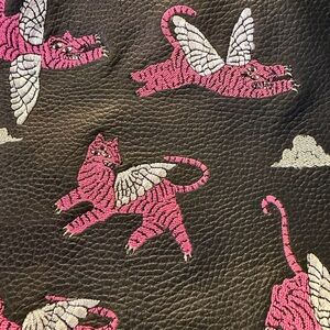 Min & Mon Leather Tote with Pink Winged Tiger Embroidery